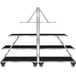 A black stainless steel rolling buffet with triangle black shelves.