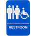 A blue Tablecraft restroom sign with white text and symbols for men and women.