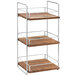A three tiered wood and metal Cal-Mil merchandiser.