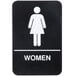 A white sign with a black woman symbol and the word "women" in black.