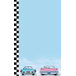 The left insert of white menu paper with a blue and black checkered background and cartoon classic cars.