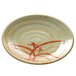 A white melamine plate with an orange and gold flower design.