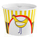 A white container with a yellow chicken and red outline.