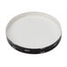 A white circular paper lid with black trim on a white background.