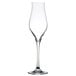 A close-up of a clear Stolzle flute wine glass with a thin stem on a white background.