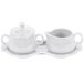 A white porcelain Fiesta sugar and creamer tray set with a creamer on a saucer and a sugar bowl.