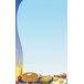 A white 8 1/2" x 11" menu paper with a blue and yellow breakfast themed table setting and a stack of pancakes with butter and syrup.