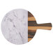 An Elite Global Solutions faux hickory wood and Carrara marble round serving board with a wooden handle.