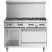 A stainless steel Garland gas range with eight burners and a standard oven.