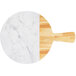 An Elite Global Solutions faux alder wood and Carrara marble round serving board with a wood handle.