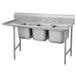 An Advance Tabco stainless steel 3 compartment sink with left drainboard.