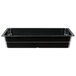 A black rectangular melamine food pan with two handles.