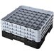 A black plastic Cambro glass rack with 49 compartments and 2 extenders.