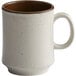A white melamine coffee mug with a brown rim.