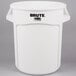 A white Rubbermaid Brute trash can with black text.