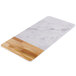 An Elite Global Solutions faux alder wood and Carrara marble rectangular serving board with a wooden handle.