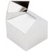 A white box with a silver lid and a black and white triangular top.