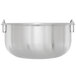 A close-up of a silver Vollrath stainless steel bowl with handles.