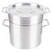 An aluminum Thunder Group double boiler pot with two handles and a lid.