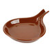 A brown bowl with a handle and a flat bottom.
