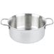 A silver stainless steel Vollrath Tribute sauce pot with two handles.