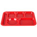 A red Carlisle compartment tray with six square compartments.