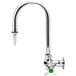 A silver T&S laboratory faucet with a green 4-arm handle.