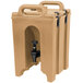 A tan plastic Cambro Camtainer with a handle.