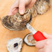A hand using a Victorinox Providence Style Oyster Knife with a red SuperGrip handle to open an oyster shell.