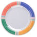 A close-up of a GET Diamond Barcelona white plate with colorful stripes.