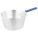A silver sauce pan with a blue handle.