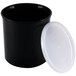 A black Cambro round polypropylene crock with a white lid.