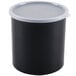 A black Cambro round crock with a white lid.