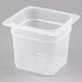 A translucent plastic Cambro food pan with a lid.