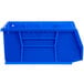 A blue plastic Metro stack bin with a handle.