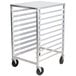 A stainless steel Advance Tabco sheet pan rack with black wheels.