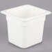A white Cambro 1/6 size white polycarbonate food pan with a lid.