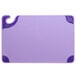 A purple plastic San Jamar cutting board with purple handles.