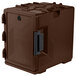 A dark brown Cambro insulated food pan carrier with a door.