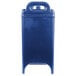 A navy blue plastic Cambro insulated soup carrier with a handle.