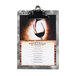A Menu Solutions Alumitique aluminum clipboard with a swirl pattern on the front holding a menu with a glass of wine on it.