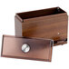 A dark walnut woodgrain rectangular box with a metal button on top.