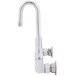 A chrome Equip by T&S wall mount faucet with lever handles and a gooseneck spout.