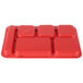 A red plastic Carlisle compartment tray with six square shapes.