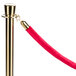 A gold metal Aarco rope style crowd control stanchion with a red rope.