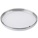 A round silver tray with a white surface.