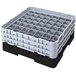 A black plastic Cambro glass rack with compartments and extenders on a white background.