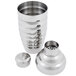 A close-up of a Vollrath stainless steel 3-piece cobbler cocktail shaker with lid.