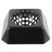 A black plastic square floor sink strainer with holes.