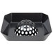 A black plastic square floor sink strainer with holes in it.
